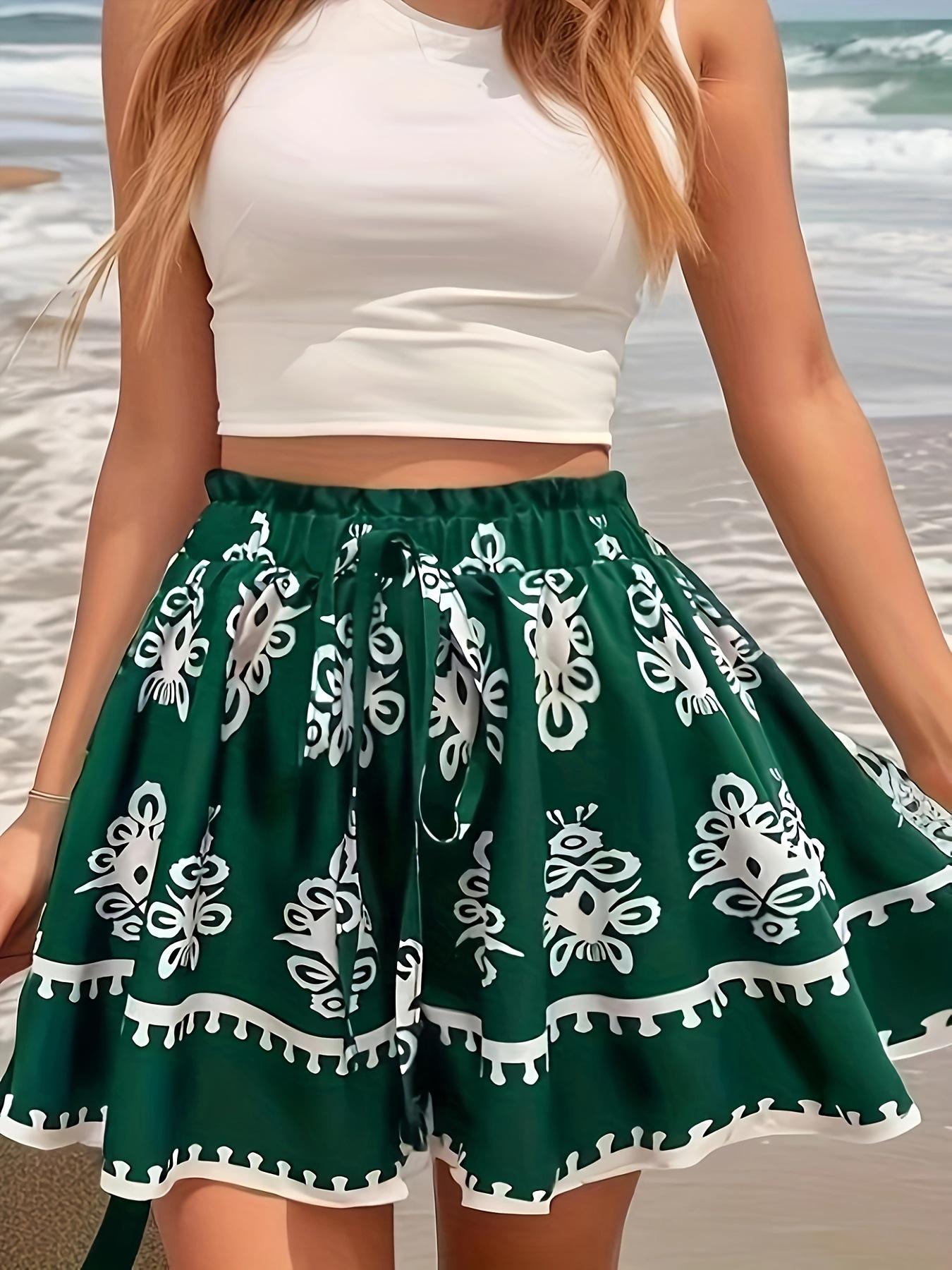 

Women s Plus Size High Waist Green Print A-line Skirt with Drawstring and Ruffles - Perfect for Summer Vacation 5XL зелёный