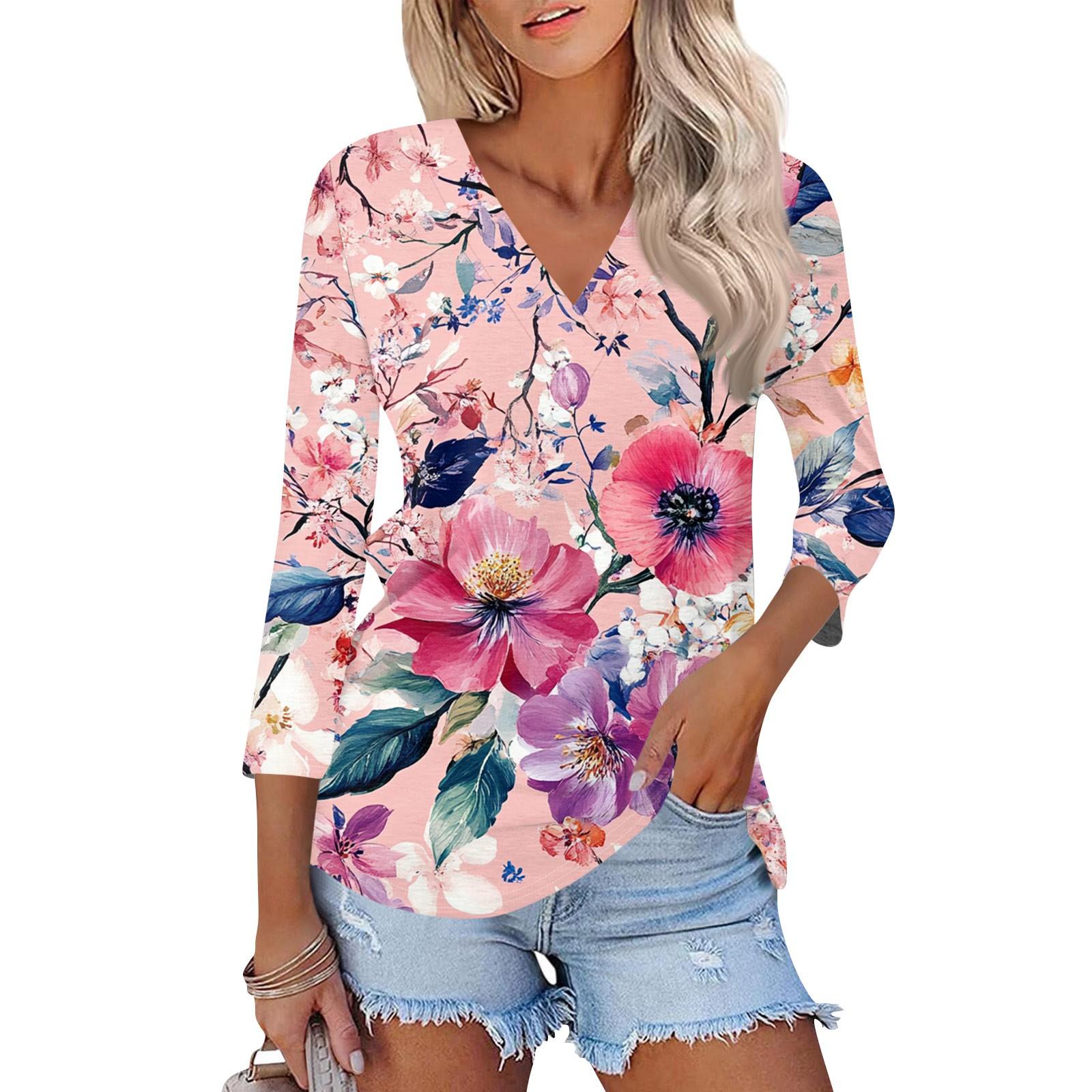 

Женские топы с рукавами 3/4 и V-образным вырезом, повседневные туники, базовые рубашки, блузки свободного кроя XL розовый