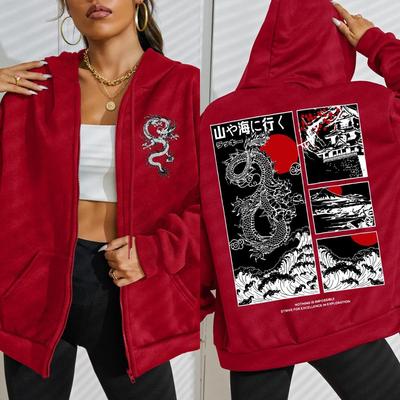 Harajuku Japan Drage Kirsebærblomst Havbølge Design Kvinde Lynlås Hættetrøje Løs Streetwear Dame Lomme Fleece Sportstøj