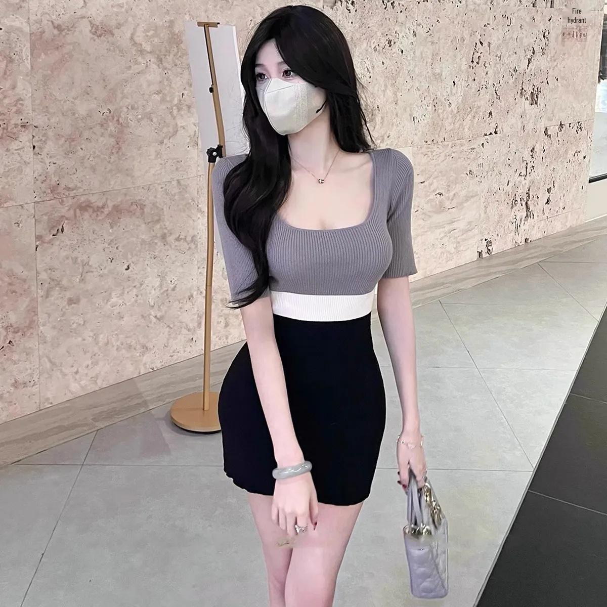 

French Retro Slimming Square Neck Knitted Dress – Women s Summer Sexy Bodycon One Size [Premium Version]