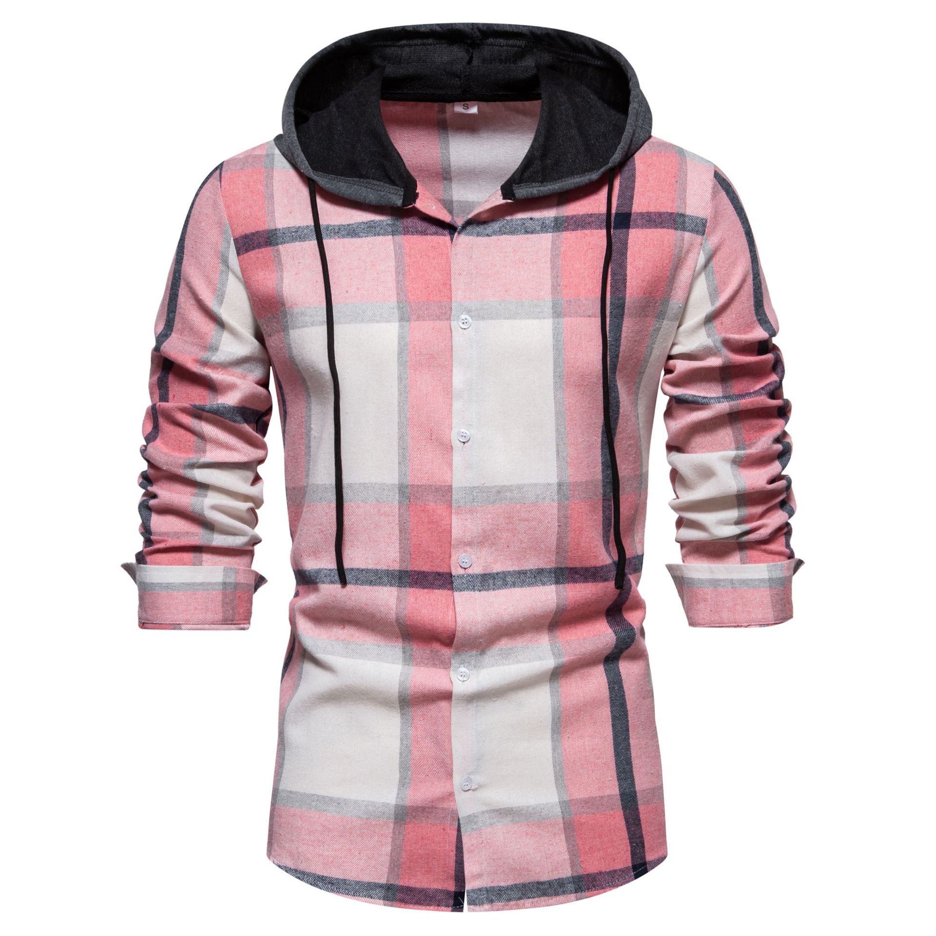 Men s Classic Retro Plaid Shirts Long Sleeve Shirt Jacket with Hood Casual Plaid Shirt for Men Lightweight Work Shirts S розовый