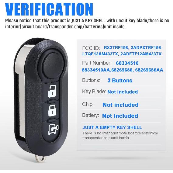 Car Key Fob Shell Case Replacement For RAM ProMaster 1500 2500 3500 City 2015-2019 for Fiat 500 Ducato 3 Buttons,Just The Key Shell
