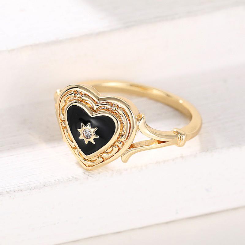 Huitan Black Heart Enamel Rings with Shiny Sun Design New Rings for Women Wedding Party Statement Female Accessories Jewelry