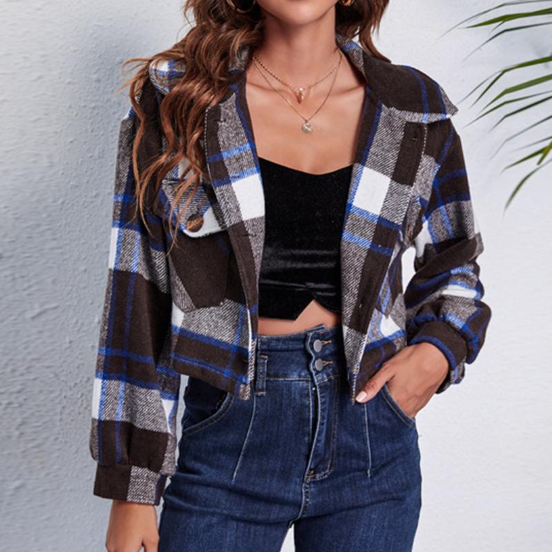 Women's Vintage Casual Lattice Print Autumn Winter Long Sleeve POLO Neck Jackets & Coats