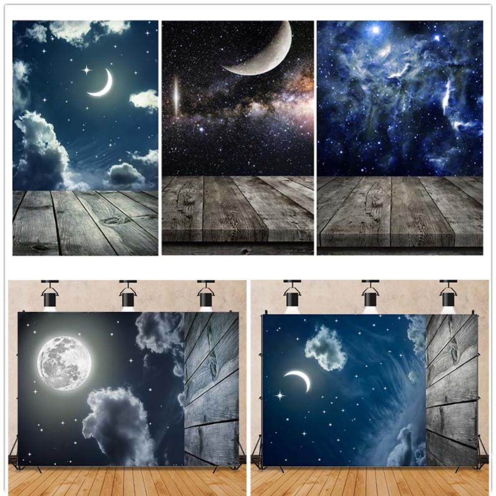 Starry Night Sky Theme Backdrop with Wooden Floorboard&Twinkling Stars for Photography,Weddings,Parties,Events Backdrop
