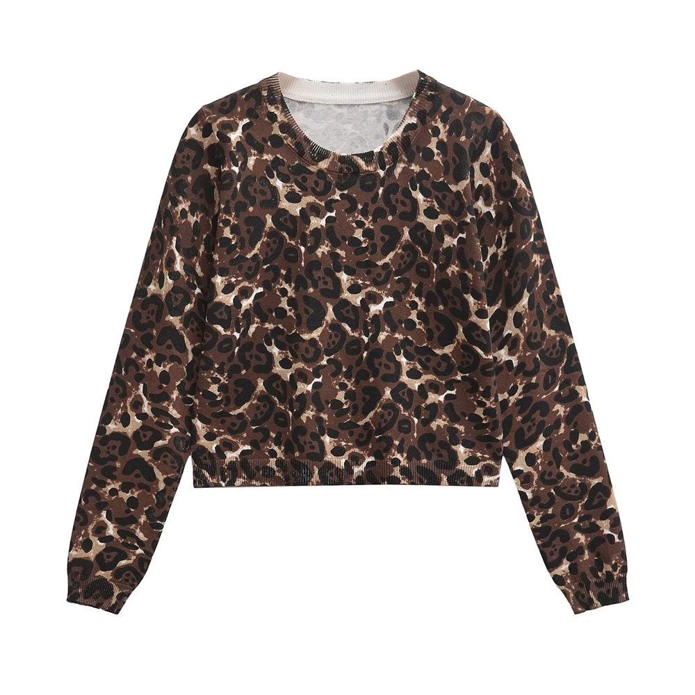 

2024 Autumn/Winter Leopard Print Long-Sleeve Knit Top for Women S коричневый/красный