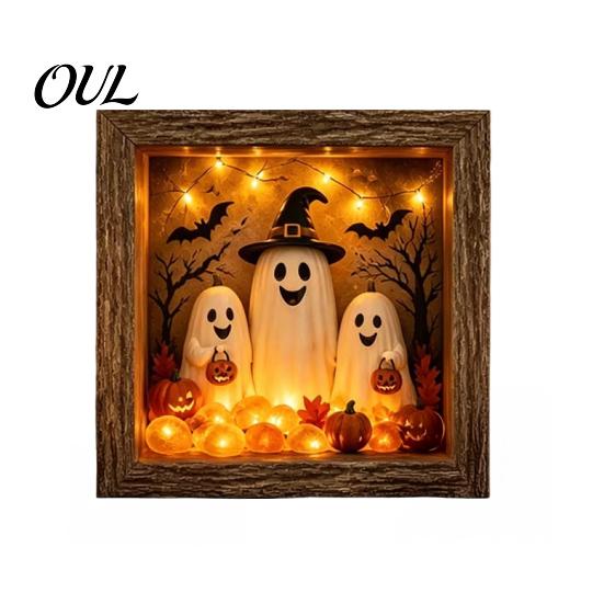 Craft Gifts for Adults DIY Lighted Halloween Ghost Shadow Box Kit, Wooden Frame LED Warm Light, Gothic Bedroom Decor Memory with Crystal Glass Panel,