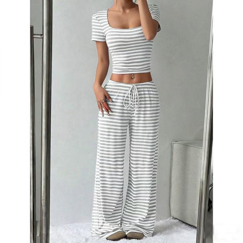 2026 Spring/Summer New Striped Top High-Waisted Slimming Wide-Leg Pants Women's Casual Suit
