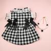 Yousheng Dog Dress Round Neck Lace Patchwork Fake Pearls Decor Plaid Print Pet Dog Cat Princess Dress Daily Wear