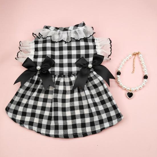 Yousheng Dog Dress Round Neck Lace Patchwork Fake Pearls Decor Plaid Print Pet Dog Cat Princess Dress Daily Wear