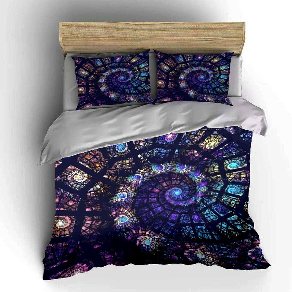 3Pcs Stained Glass Bedding Set, Purple And Blue Spiral Galaxy Print Duvet Cover + 2 Pillowcases, Large-Sized Home Decor, Gifts
