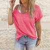 Fashion Womens Summer  V-neck Solid Color Short-sleeved Loose T-shirt Top