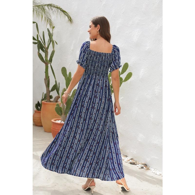 Šaty s potiskem svislých pruhů s rozparkem v pase, šaty na jedno rameno, prázdninové ležérní šaty