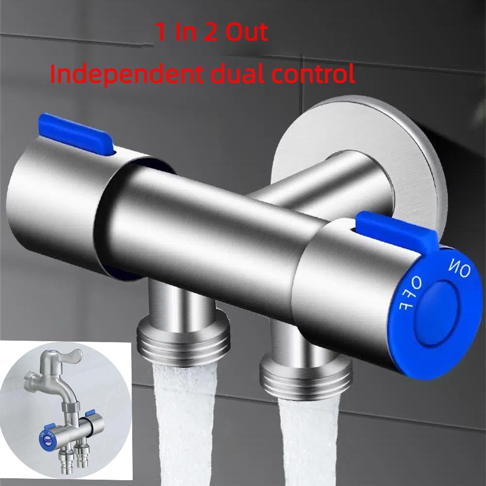 1 In 2 Out Faucet Garden Faucet Dual Control Double Handle Cold Water Faucet Bathroom Washing Machine Faucet Triangle Valve 1Pc