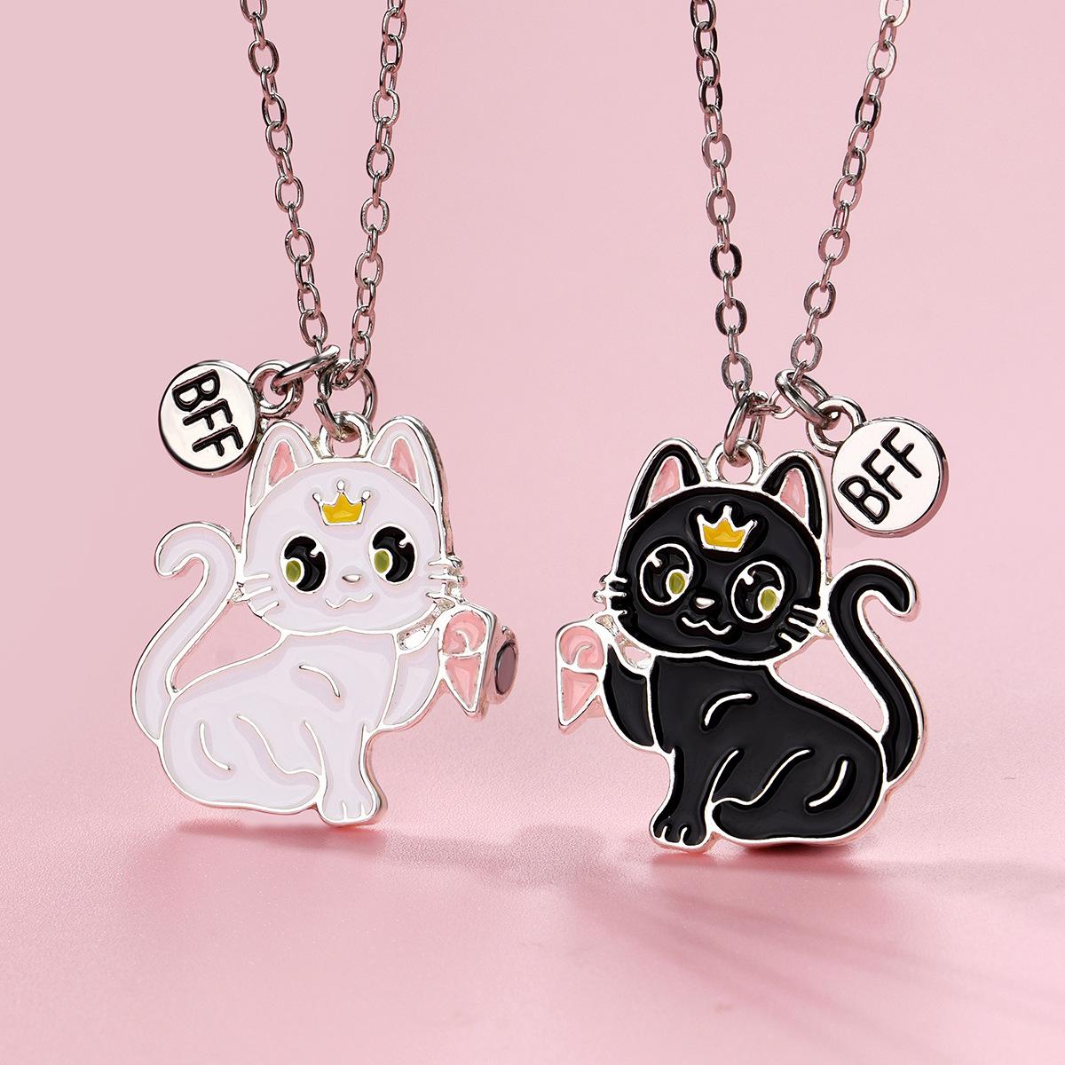 

2pcs Set Cute Cartoon Colorful Crown Kitten Magnetic Attraction Pendant Necklace for Girl Child Women Friends Jewelry Sets Gifts