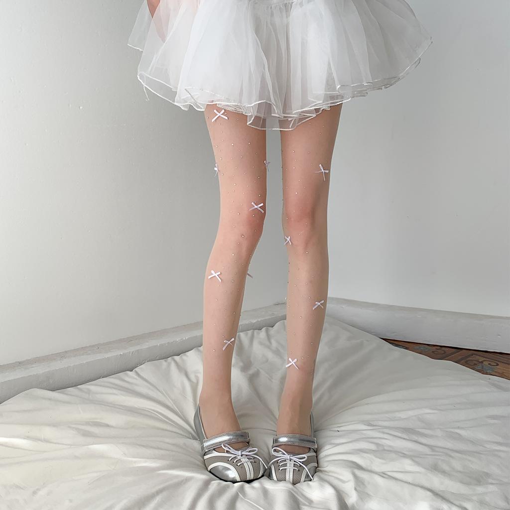 Stockings with Small Dots and Hearts Ultra-thin and Versatile White Stockings with Diamonds Ballet-style Pantyhose Children's Bow White Stockings