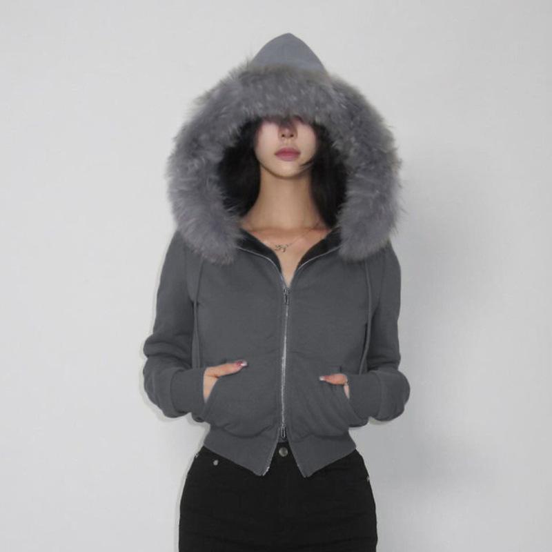 

Goth Dark Streetwear Hoodies Faux Fur Collar Double Zip Hooded Coats Women Casual Pocket Gothic Jackets Grunge Fall Cardigan S сірий