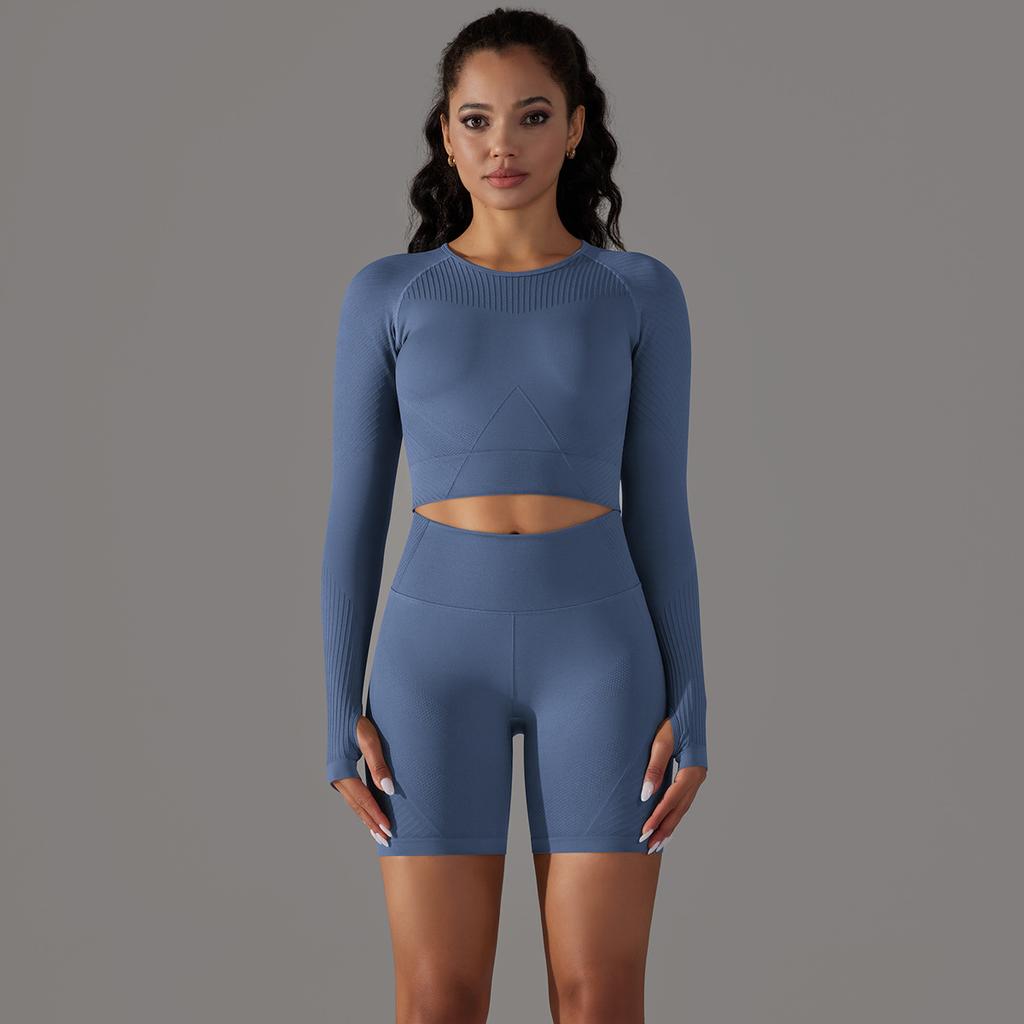 Seamless Long Sleeved Round Neck T-Shirt Sports Suit, High Waist And Hip Lifting Tight Shorts, Fitness Yoga Two-Piece Set For Women
