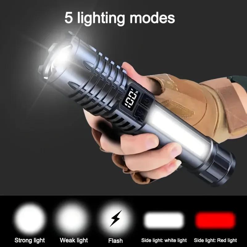 KDULIT Super Bright LED Flashlight USB Rechargeable Hand Light with COB Side Torch Powerful Lantern for Outdoor Camping Fishing