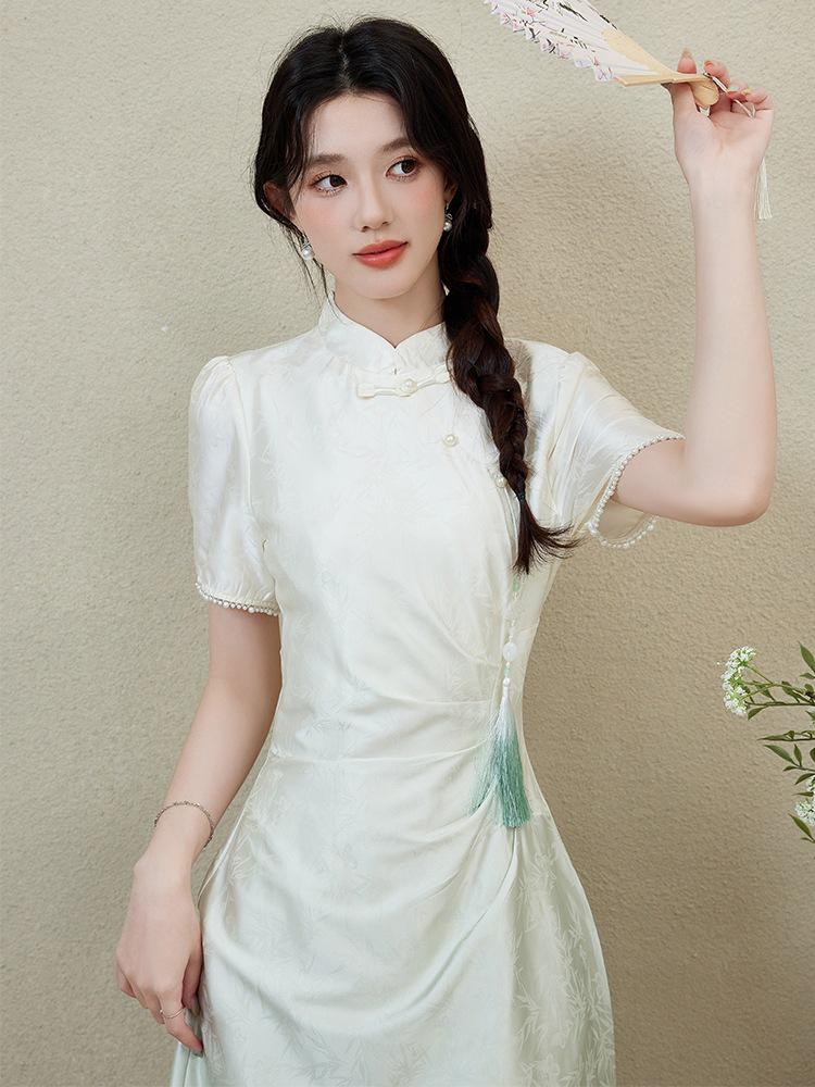 Elegant Summer Women's Qipao Dress - Short Sleeve Gradient Jade