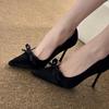 Black Bow High Heels Women's 2025 Spring and Autumn New Pointed Silk Temperament Silver Light Mouth Stiletto Shoes