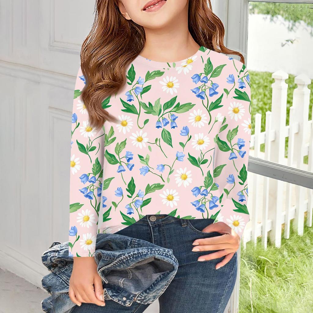Meninas Camisetas de manga comprida Crianças Outono Tops Crewneck Impresso Camisetas básicas 5-14Y