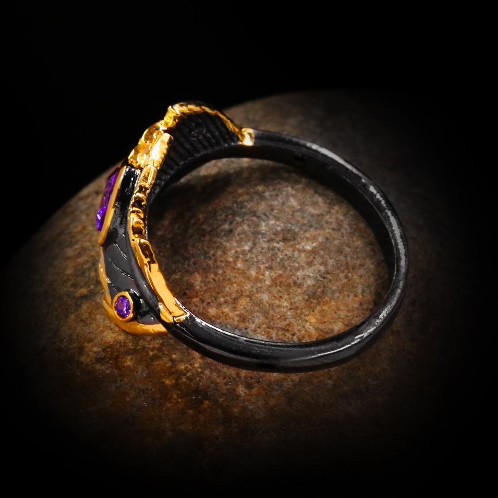 Vintage 925 Silver Ring Two Leaves Clip Love Purple Zircon Black Gold Ring Female Wedding Party Anniversary Jewelry Gift