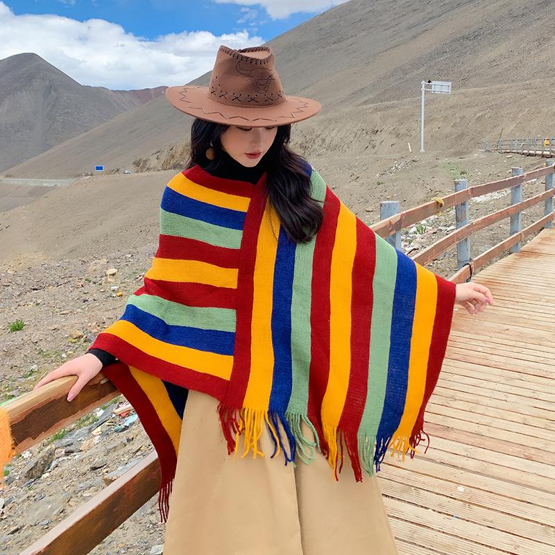 Ethnic style knitted fringed rainbow-colored shawl cape, travel Xizang style photo, summer sun protection outside with women 90cm
