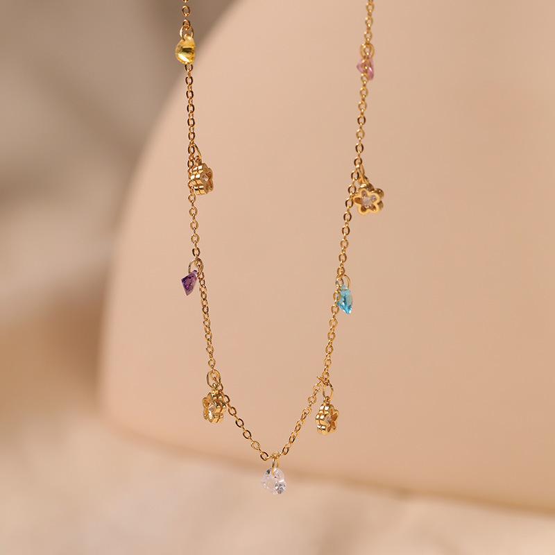 Women Light Luxury Ins Style Color Zircon Small Star Heart Pendant Necklace