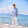 Men Casual Breathable Long Sleeve Shirt Long Pants Two Piece Linen Beach Set