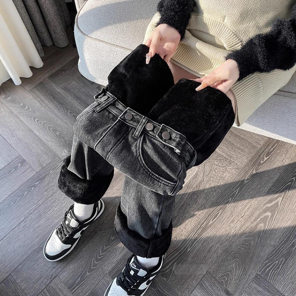 Thickened Wide-leg Jeans for Women 2025 Winter High Waist Loose Slim Drape Warm Straight Trousers Plus Velvet Pants