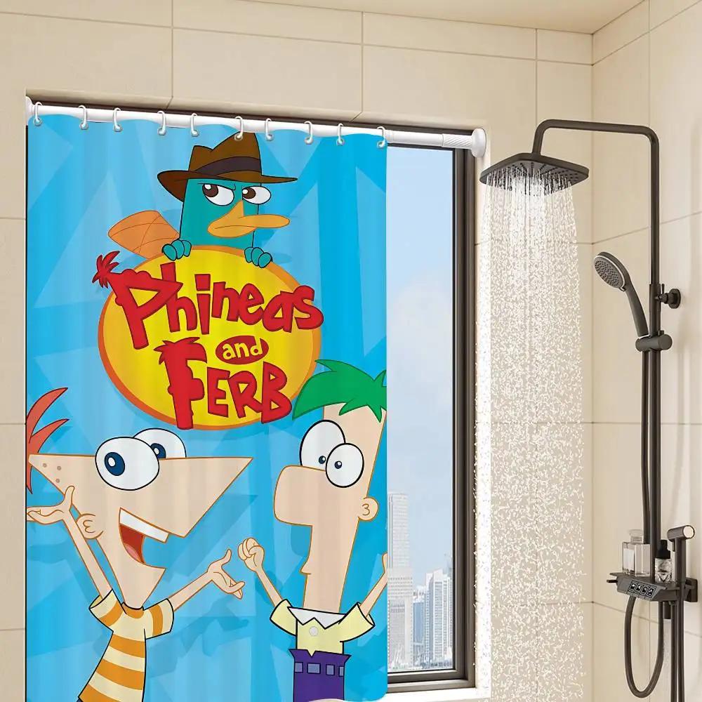 Klasický animovaný bílý sprchový závěs s Phineasem a Ferbem, dekorativní sprchový závěs do koupelny, vodotěsný sprchový závěs