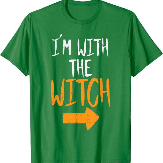 I'm With The Witch/I'm Not A Witch Your Wife Print Halloween Shirt Women Men Short Sleeve Spooky Season Couple Matching T-shirts