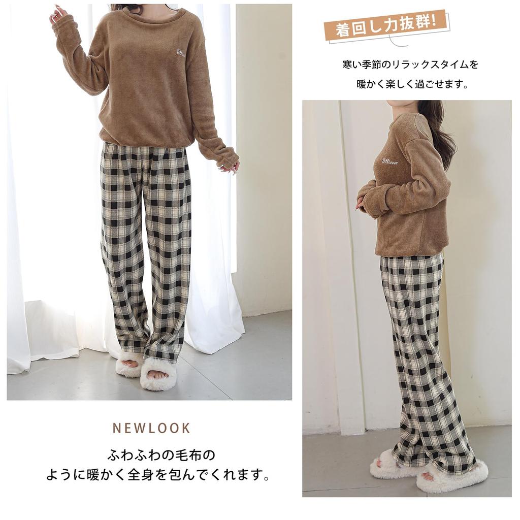 WoauNuiHll Loungewear Fluffy Long Sleeve Top and Long Pants with Elastic and Perfect for Fall and Winter Women's Pajamas, 2-Piece Set, Fleece-Lined