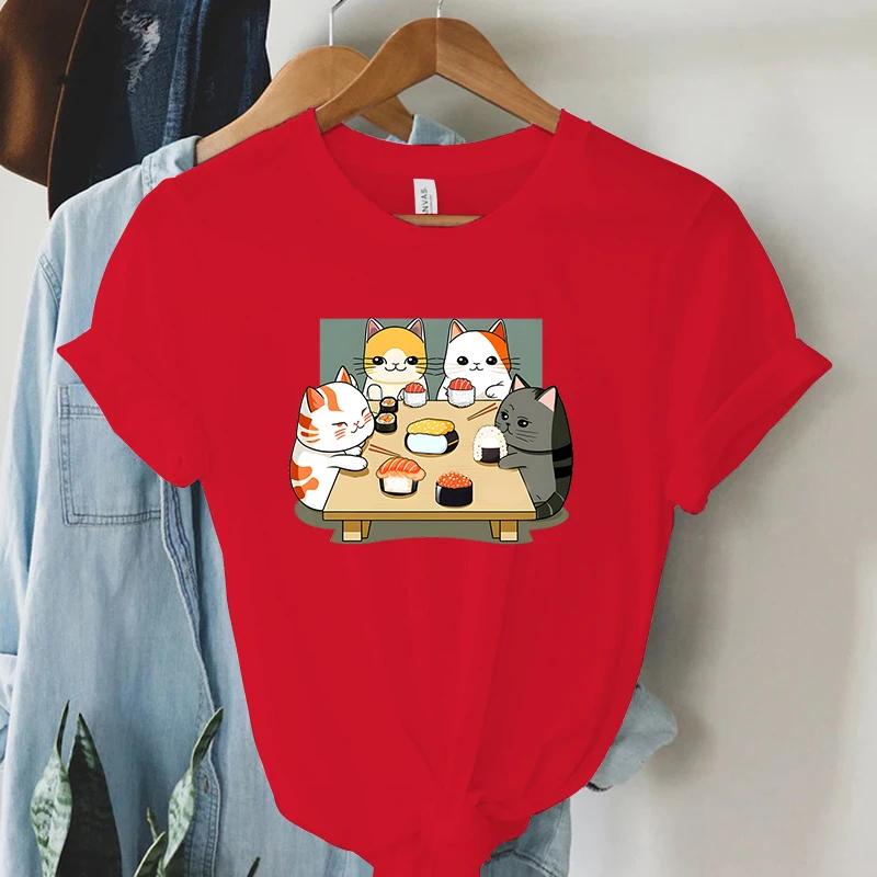 Cat Party Kawaii T Shirt Women Summer Tops Sushi Graphic T Shirts Casual Fashion Tee Shirt Trendy Korean Streetwear Y2k Tees