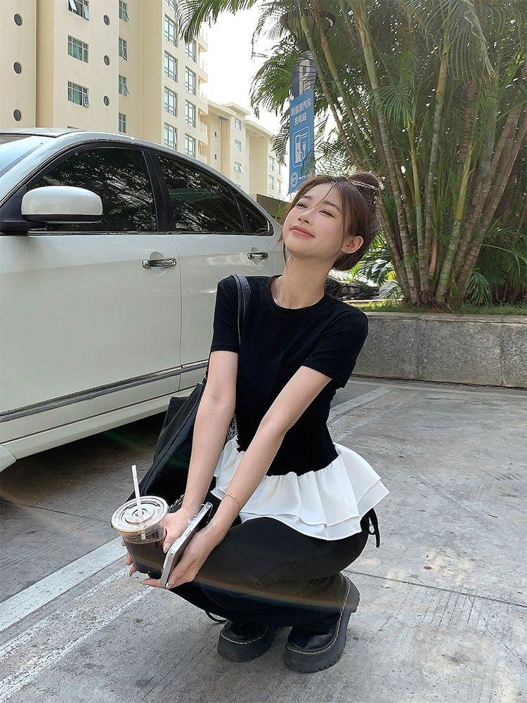 In-Stock Women's Patchwork Lace Puff Sleeve Slim Fit T-Shirt