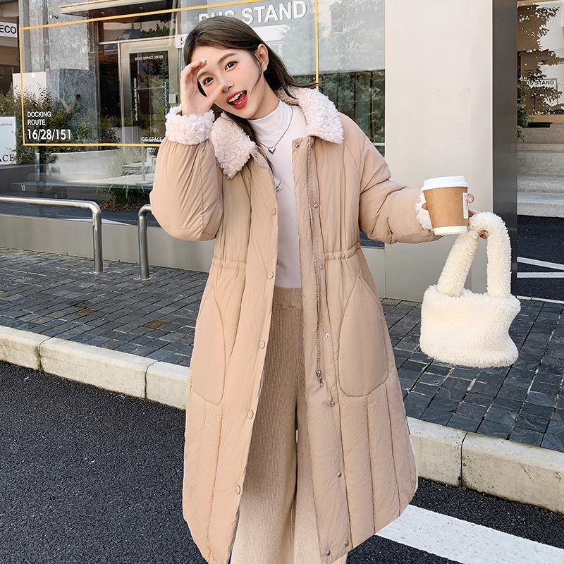 2025 New Lamb Wool Collar Waist Women's Long Down Cotton Clothes Solid Color Single-breasted Loose Coat