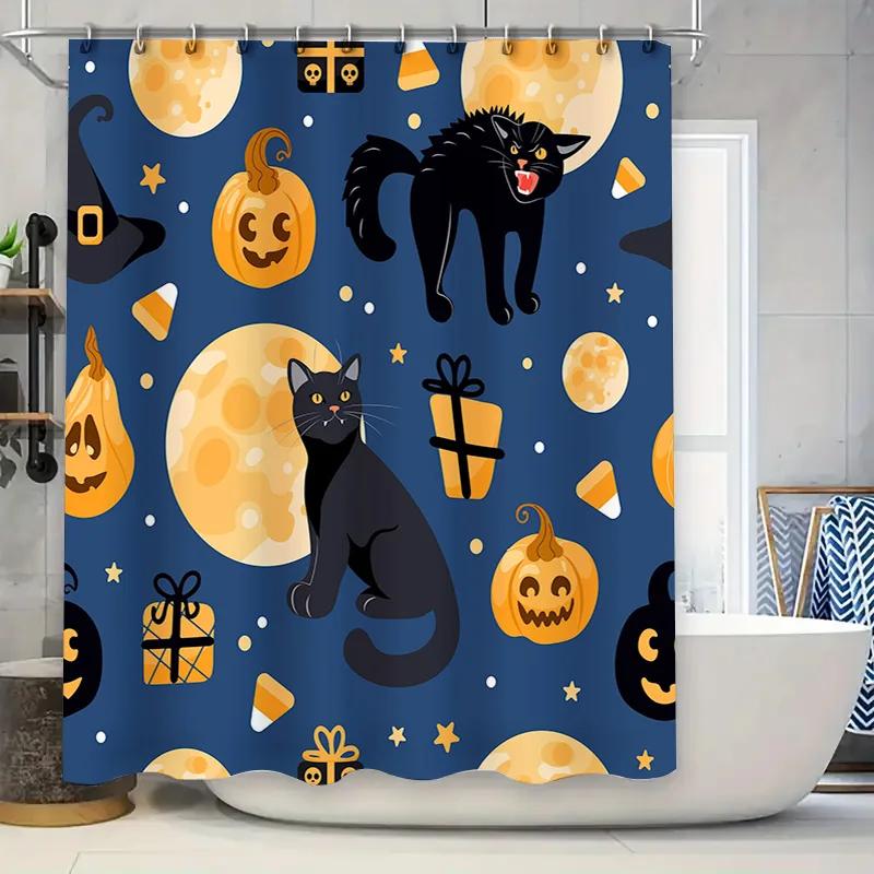 Halloween Decor Shower Curtain Black Cat Pumpkin Pattern Waterproof Fabric Printed for Bathroom Accessories Set In Bathrooms Kit