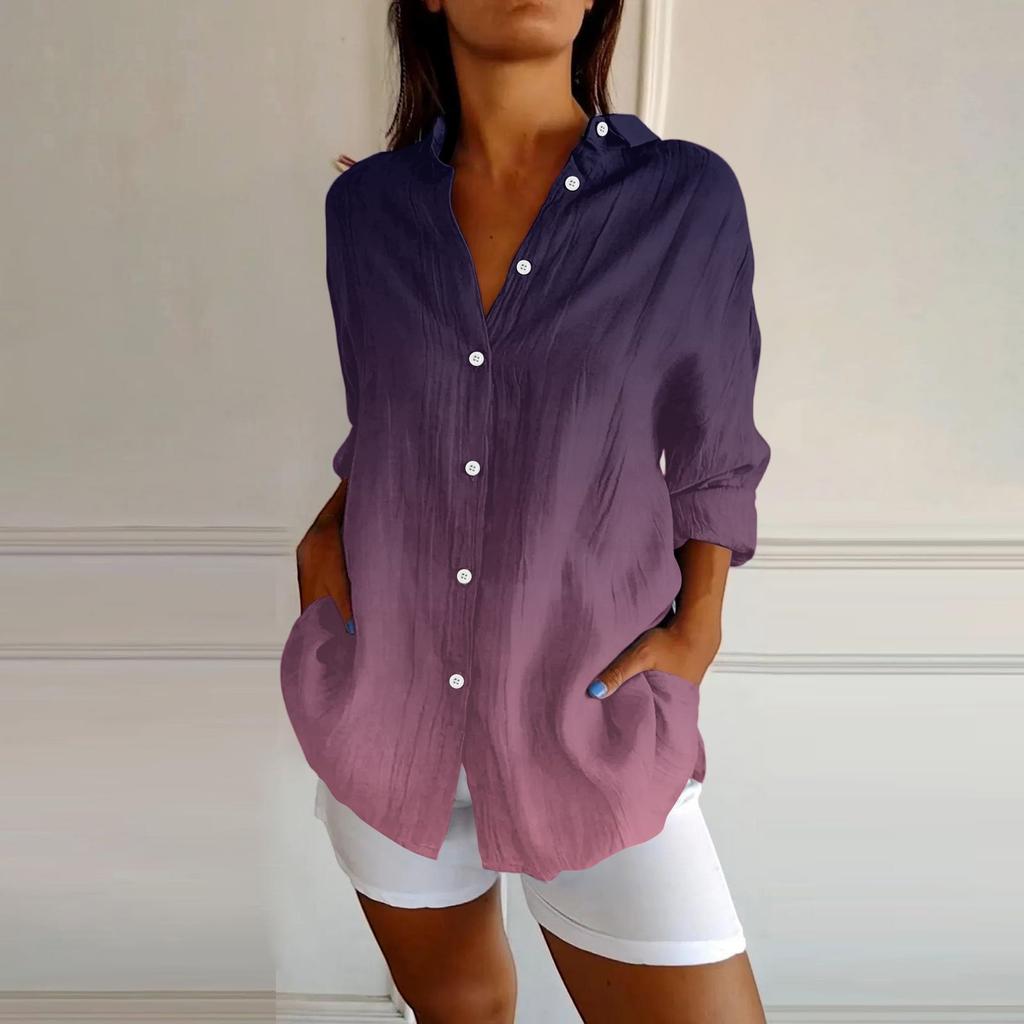 Womens Button Down Shirts Cotton Linen Long Sleeve Dress Shirts Casual Summer Tops Work Blouses