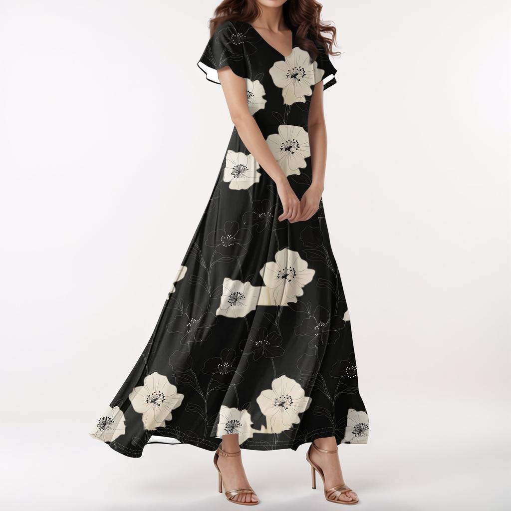 Lässiges Damenkleid mit V-Ausschnitt, kurzen Ärmeln und hoher Taille, Retro-Blumenblatt-Print