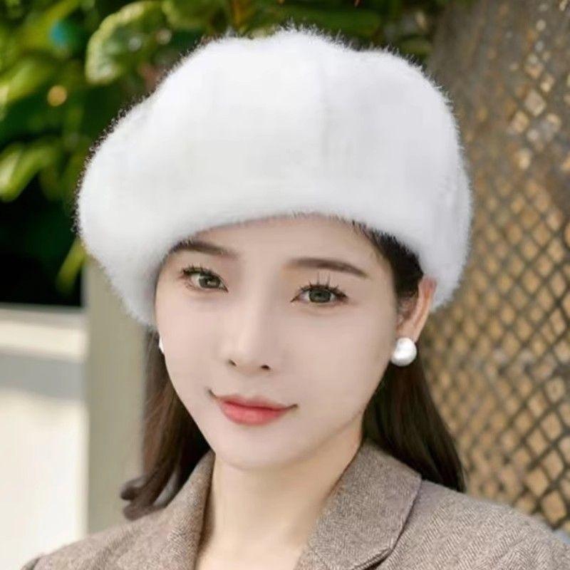 Mink Warm Solid Color Fashion Beret Autumn and Winter Ladies Hat