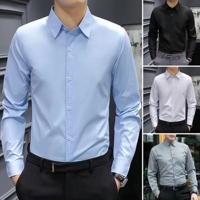 Men Formal Shirt Business Style Turn-down Collar Long Sleeves Slim Fit Single-breasted Solid Color Office Meeting Shirt