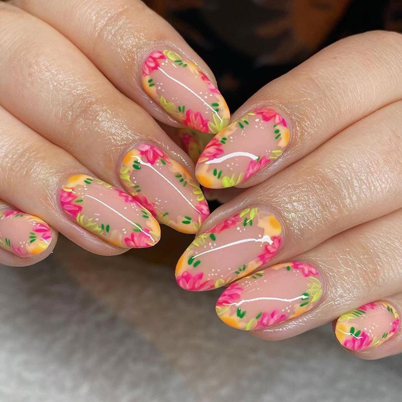 24Pcs Short Round Head Press on False Nails Yellow French 3D Flower Fake Nail for Woman Reusable Finished Full Cover Nails Tips