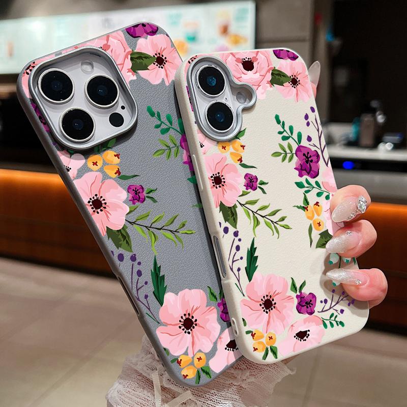 Floral Pattern Leather Texture Soft TPU Case For iPhone 16 15 14 Pro Max 15 Plus 12 13 Pro Max 11 Flowers Shockproof Phone Cover