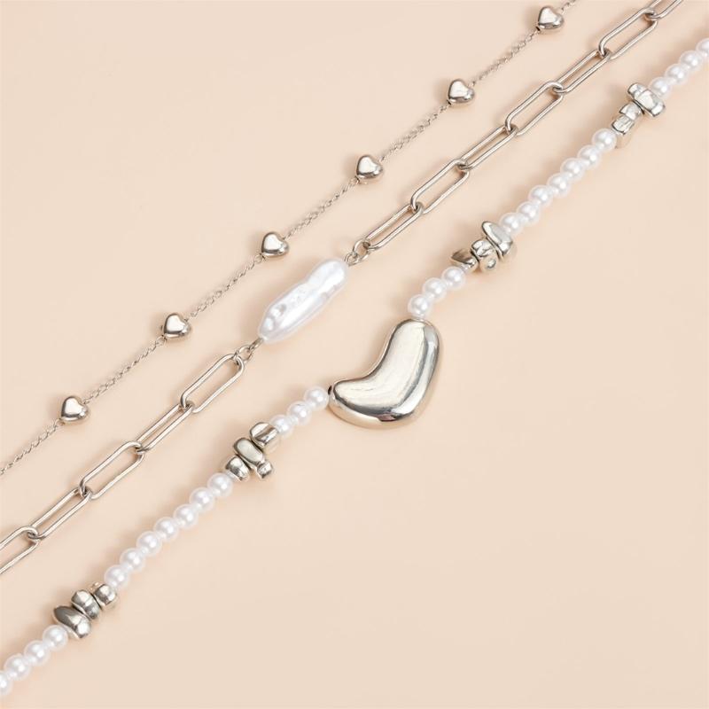 Elegant Irregular Heart Shaped Pendant Layering Pearls Necklace Alloy Jewelry For Women Fashion Accessories