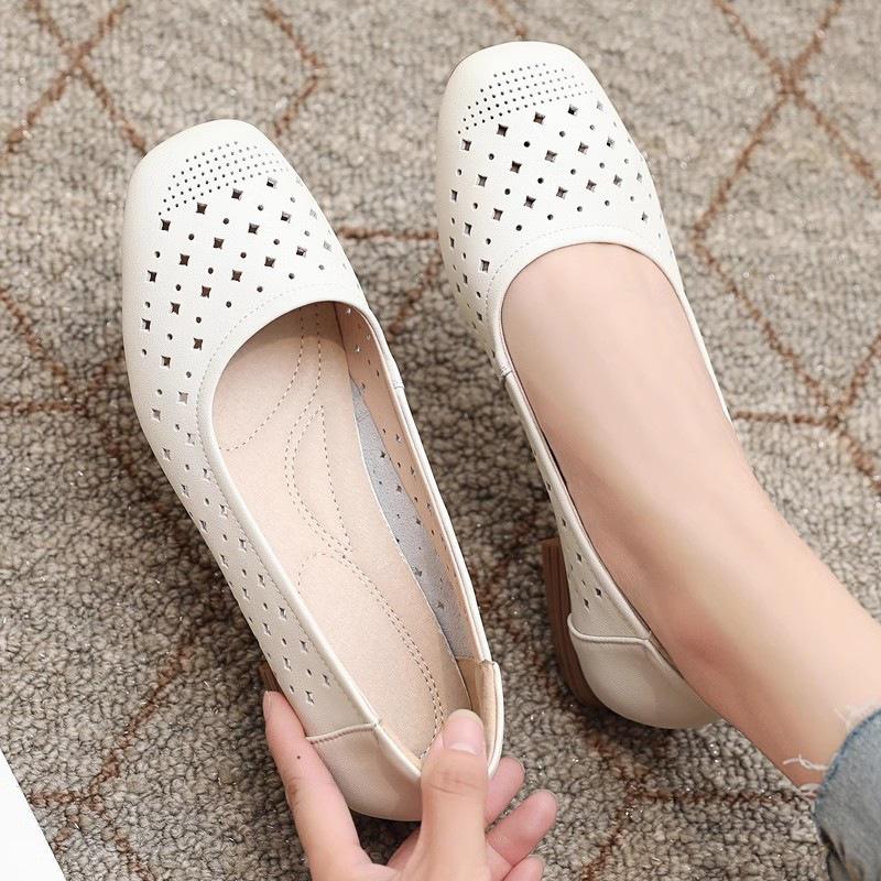 Pantofi de damă cu fund plat, din piele moale, cu fund moale din tendon de vită, cu orificii respirabile, pantofi unici cu orificii, casual, cu fund plat, pentru lucru de asistentă, alb mic