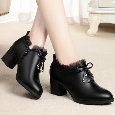 Genuine Leather 2025 Spring New High Heels Pointed Single Shoes In The Deep Professional Work Shoes Women's Shoes Thick Black