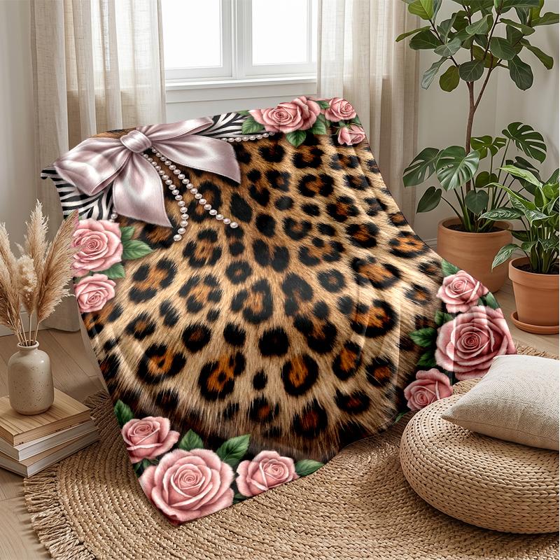 Leopard Roses Heart Theme blanket Lightweight Warm Flannel Blanket Decorative Throw Blanket for Home Decoration