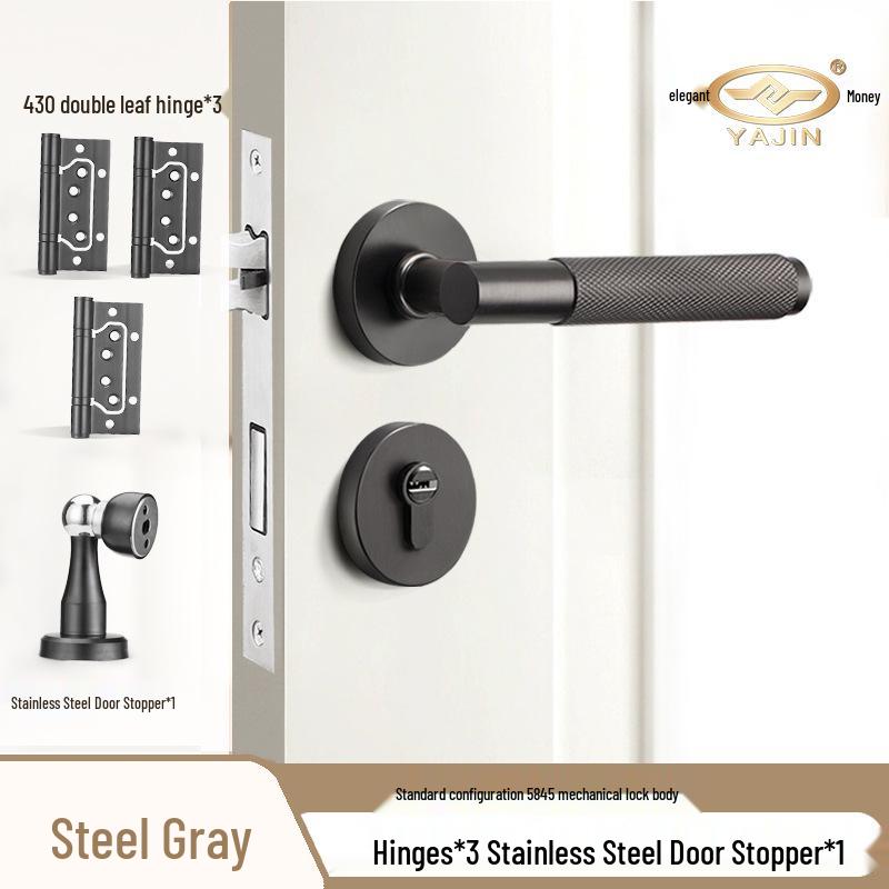 Black Knurled Magnetic Silent Door Handle with Lock for Bedroom Wood Doors