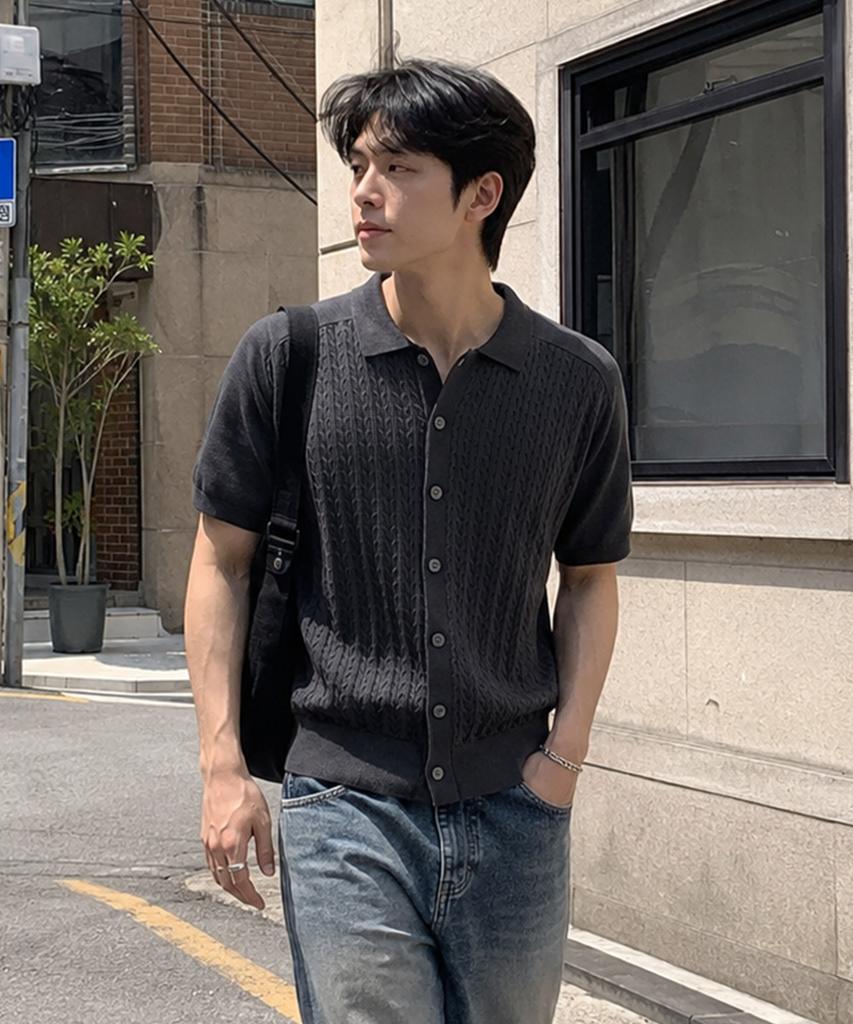 ECORR Front Cable Cropped Short Sleeve Knit Cardigan_Charcoal
